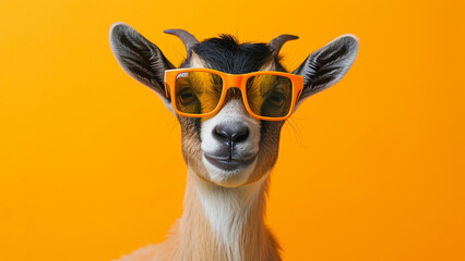 Adorable Baby Goat Fashion Model Portrait with Orange Sunglasses