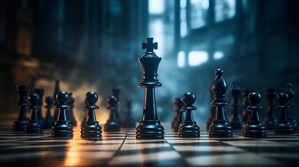 Epic shot of a chess game from a low angle , chess game, low angle, strategic - obrazy, fototapety, plakaty