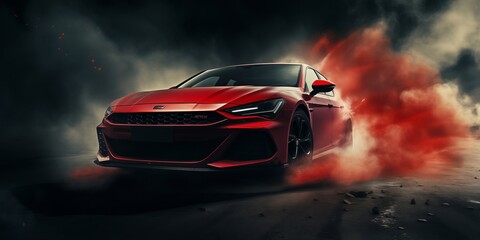 Fototapeta premium Red Sports Car Speeding on Dark Road in Exhilarating Drive