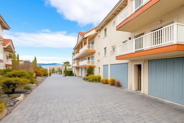 Fototapeta premium stonepaved driveway leading to mediterranean home with double balconies