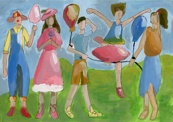 watercolor painting of young people playing outside at a party