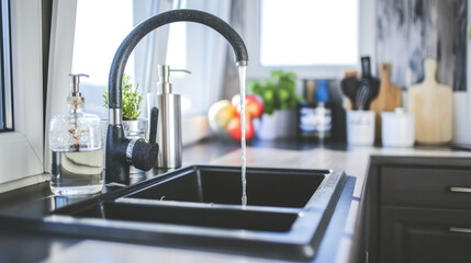 Black kitchen sink with faucet and water in a modern kitchen. - obrazy, fototapety, plakaty