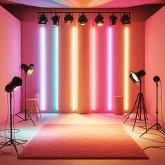 Empty studio room with colorful aurora neon backlight. Generative AI Images for podium product and background. Home mini studio concept