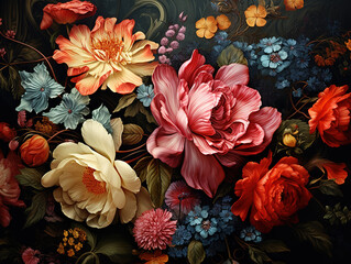 Beautiful fantasy vintage wallpaper different botanical flower bunch,vintage motif