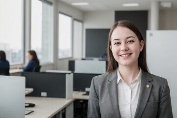 Portrait of a cheerful non-binary person at the office with copy space.