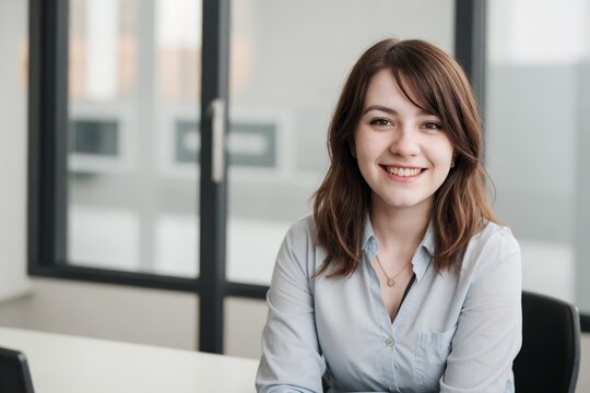 Portrait of a cheerful non-binary person at the office with copy space.