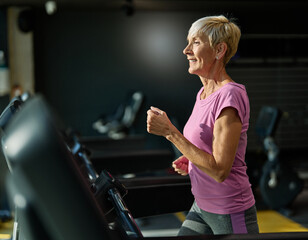 gym sport fitness exercise woman senior active treadmill training elderly running health healthy...