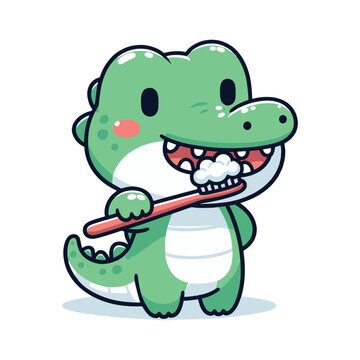 A cute cartoon crocodile cleaning his teeth with a toothbrush. Pediatric dentistry. Oral hygiene for kids.  Flat, simple vector illustration icon, logo