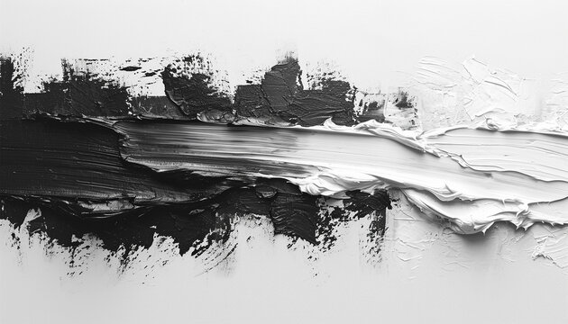 Black and white paint strokes abstract background texture. White oil paint smudge over white background. Black oil paint stroke top view.