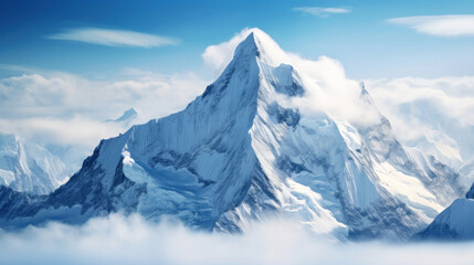 Obraz premium A majestic snowy mountain peak towering above the clouds, its pristine white slopes contrasting against the deep blue sky.