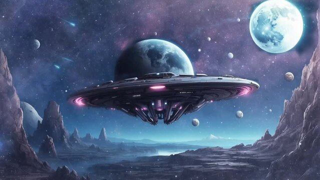 Fantasy ufo plane with space background. seamless looping time-lapse 4k animation video background