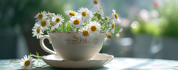 A delicate porcelain teacup filled with blooming chamomile flowers, embodying the calming and soothing aspects of love. - obrazy, fototapety, plakaty