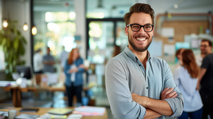 Fototapeta premium Confident Male Entrepreneur at Startup Office. A confident young male entrepreneur with glasses stands proudly in a bustling startup office environment.