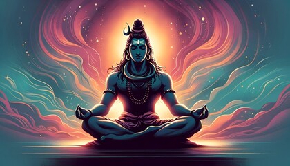 Illustration of serene meditative lord shiva silhouette. - obrazy, fototapety, plakaty