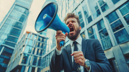 A man in a suit with a megaphone shouts against the background of an office building.