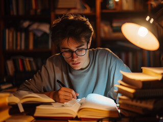 Student Studying Late at Night with Books. Dedicated male student with glasses deeply focused on studying surrounded by books under a desk lamp at night.