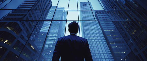 Businessman Contemplating Cityscape. A man in a suit looks out at towering skyscrapers.