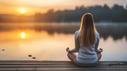 A woman meditates in nature near the water on a wooden pier. Concept of yoga, meditation,...