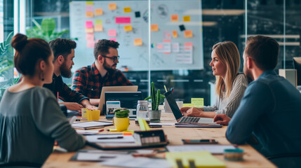 Creative Team Brainstorming Session. A diverse team collaborates around a table filled with laptops and notes, engaging in a brainstorming session in a modern office.