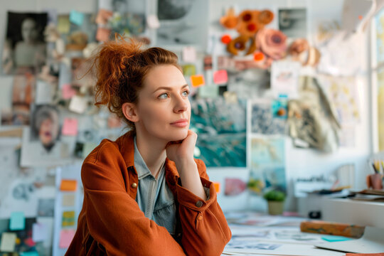 Creative Professional in Design Studio. Designer brainstorming in a busy workspace.