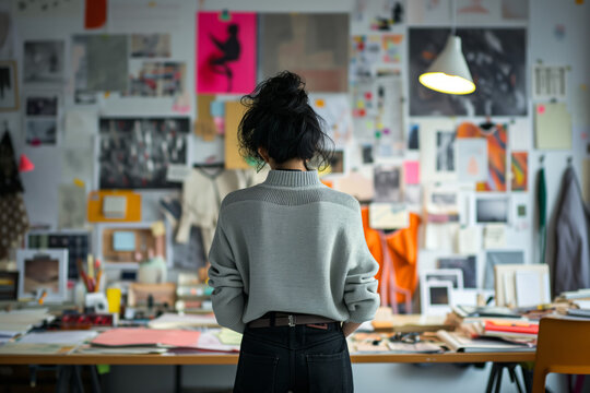 Creative Professional in Design Studio. Designer brainstorming in a busy workspace. - Powered by Adobe