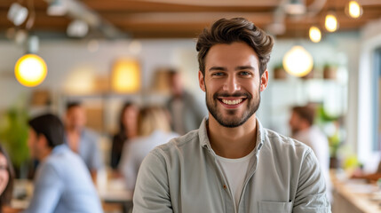 Obraz premium Confident Young Professional in a Busy Office. A cheerful young man with a confident grin in a bustling workplace.