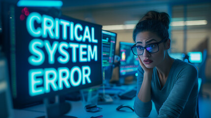 Worried Technician Facing Critical System Error. A concerned female technician in a server room, looking at a 'Critical System Error' message displayed on a computer screen, indicating a major technic
