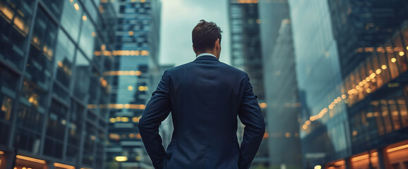 Businessman Contemplating Urban Scene. A man in a suit gazes at a cityscape.