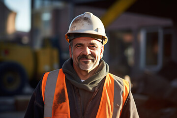 A smiling mature man worker in a construction site.