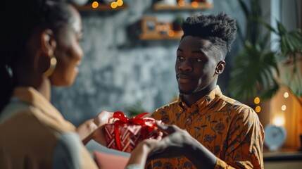 Loving african american man hugging his wife, giving gift box, making great surprise for St. Valentines Day, home interior, free space. Happy black guy embracing his girlfriend, holding present