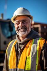 A smiling mature man worker in a construction site.