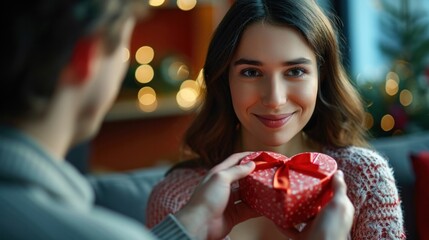 Young man is giving a present to his lovely girlfriend while they are sitting on couch at home
