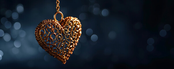 A golden filigree heart hanging from an intricately designed chain against a midnight black backdrop