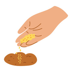 Hand drawn hand planting seeds in the ground. Flat cartoon illustration of gardening, agriculture