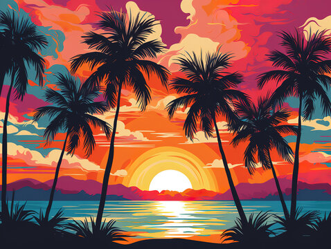Summer background with palm tree silhouettes