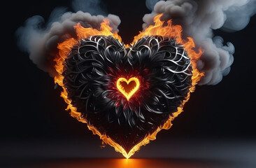 Burning black heart. Gothic valentine.