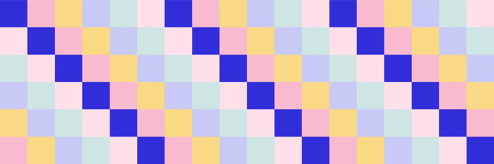 Groovy checkered seamless pattern, vintage aesthetic background, psychedelic checkerboard texture. Funky hippie fashion textile print, retro background with distorted grid tile vector pattern set