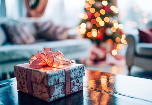 Christmas Gift Box on Festive Background.