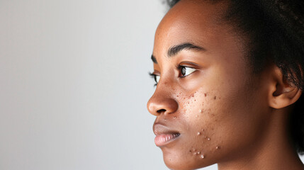 young black woman with skin problem acne on the face. - obrazy, fototapety, plakaty