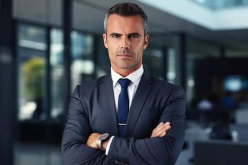 Fototapeta premium Portrait of a businessman with arms crossed at office. CEO or Chief Executive Officer.