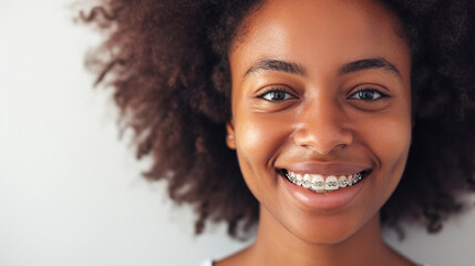 portrait of smiling young woman with braces on teeth. Bite correction, orthodontist, health, medicine, dentistry - obrazy, fototapety, plakaty