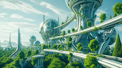 Sustainable Futuristic City Architecture. Innovative Green Design Addressing Ecology, Climate Change, Overpopulation. Smart Urban Solutions, Technology for Good, Nature, Wellness and Biodiversity 