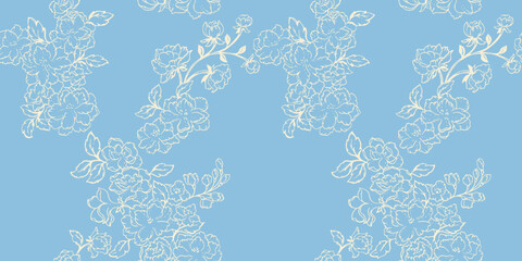 Seamless abstract, artistic, simple floral pattern. Vector hand drawn lines, outlines flowers. Gently blue botanical background. Template for textile, fashion, printing, surface design, fabric
