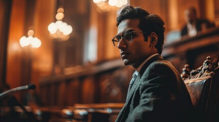 An Indian lawyer presents his case with conviction in the warm glow of Mumbai's court chamber - obrazy, fototapety, plakaty