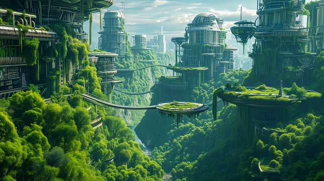 Sustainable Futuristic City Architecture. Innovative Green Design Addressing Ecology, Climate Change, Overpopulation. Smart Urban Solutions, Technology for Good, Nature, Wellness and Biodiversity 