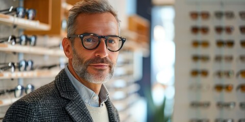 Middle aged customer man choosing pair of trendy stylish glasses