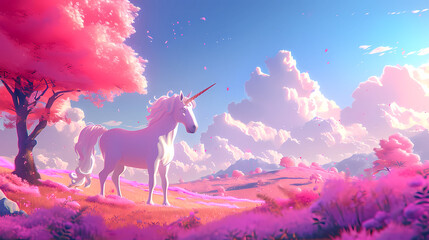 Unicorn in fairy world and rainbow sky background. Magic unicorn in fantastic idyllic landscape.