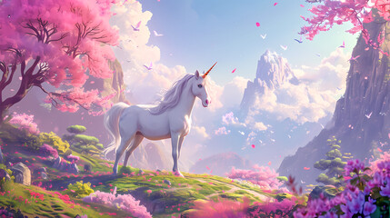 Obraz na płótnie Canvas Unicorn in fairy world and rainbow sky background. Magic unicorn in fantastic idyllic landscape.