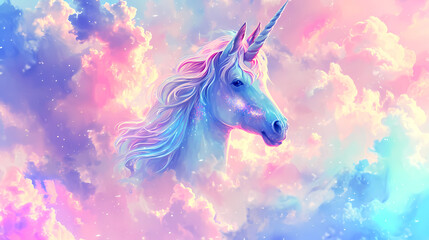 Unicorn in fairy world and rainbow sky background. Magic unicorn in fantastic idyllic landscape.