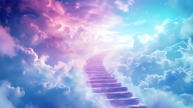 stairs to heaven in the fairytale of clouds and dreams. Steps leading up to the sun. Way to God.